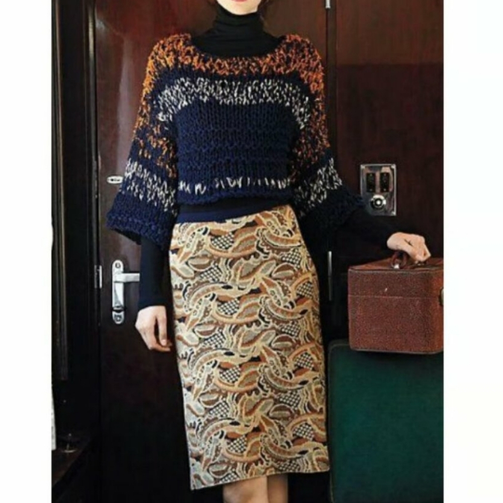 Anthropologie SPARROW Sweater Knit Skirt Abstract Forest Print Navy Tan Mustard - Picture 3 of 10